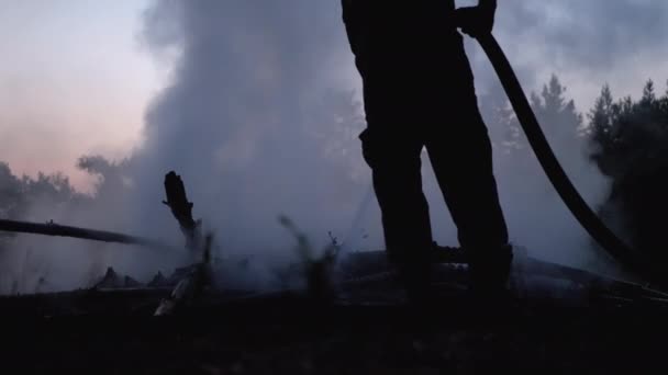 Extinguir fogo com água por mangueira de fogo. Bombeiro segura mangueira e apaga fogueira florestal à noite — Vídeo de Stock