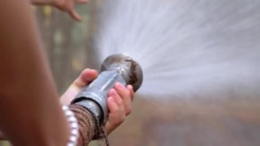 Çocuk Kadın Elleri Çam Ormanında Su Ların Çalıştığı Yangın Hortumu Tutun
