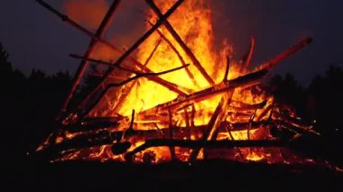 Dalların Büyük Şenlik Ateşi Ormanda Gece Yanıyor. Yavaş Çekim