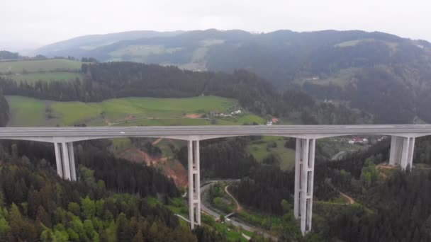 Aerial view of the Highway Viaduct on Concrete Pillars with Traffic in Mountains — Stock Video