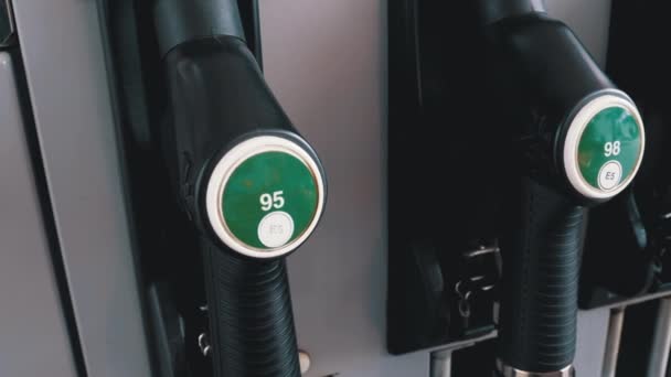 Gasoline or Petrol Station Gas Fuel Pump Nozzle. Different Gasoline Gun — Stock Video