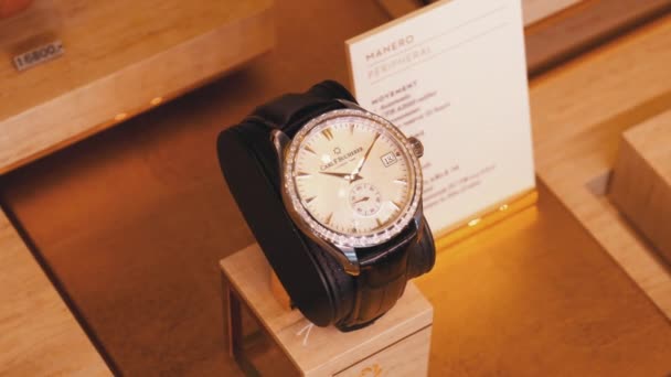 Luxury Swiss Wrist Watch on the Store Counter with Price Tags — Stock Video