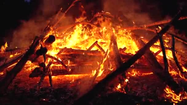 Gran fogata de troncos arde por la noche en el bosque. Moción lenta — Vídeos de Stock