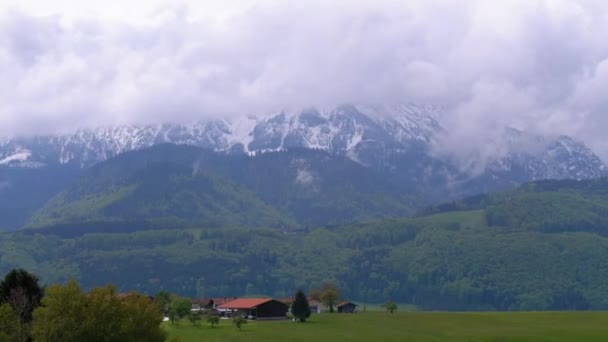 Panoramiczny widok na ośnieżone szczyty górskie w chmurach i lesie — Wideo stockowe