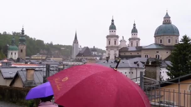 Şemsiyeli insanlar yağmurlu bir günde Salzburg Katedrali yakınlarında yürüyorlar. — Stok video