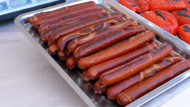 Sausages are on the Street Shop Counter. Street Food. — Stock Video