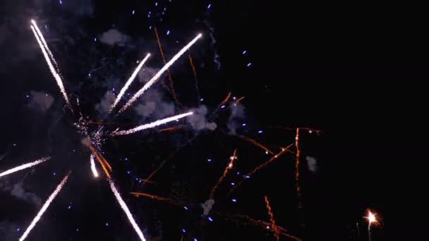 Fogos de artifício piscando no céu noturno. Movimento Lento. fogos de artifício reais com fumaça — Vídeo de Stock