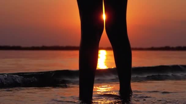 Silhueta de Pernas de Menino em pé na água na costa ao pôr do sol. Movimento lento — Vídeo de Stock