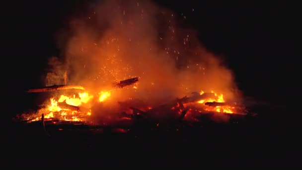 Gran fogata de las ramas arde por la noche en el bosque. Moción lenta — Vídeos de Stock