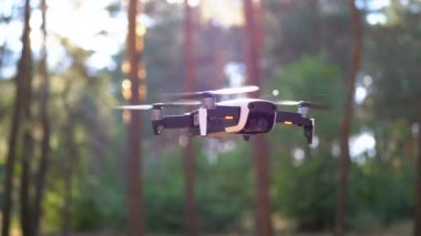 Havada Kameralı Drone. Ormanda yerden uçar. Yavaş Çekim