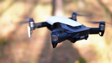 Havada Kameralı Drone. Ormanda yerden uçar. Yavaş Çekim