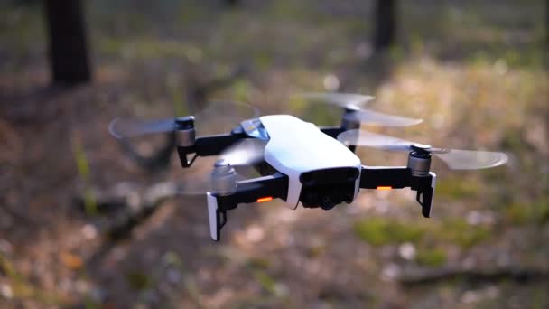 Drone com uma câmera paira no ar acima do solo na floresta. Movimento lento . — Vídeo de Stock