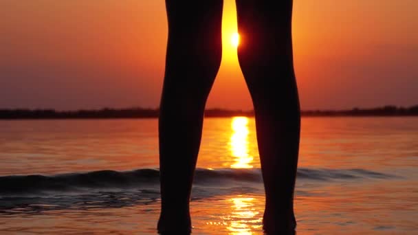 Силует ніг хлопчика стоїть у воді на березі на заході сонця. Повільний рух — стокове відео
