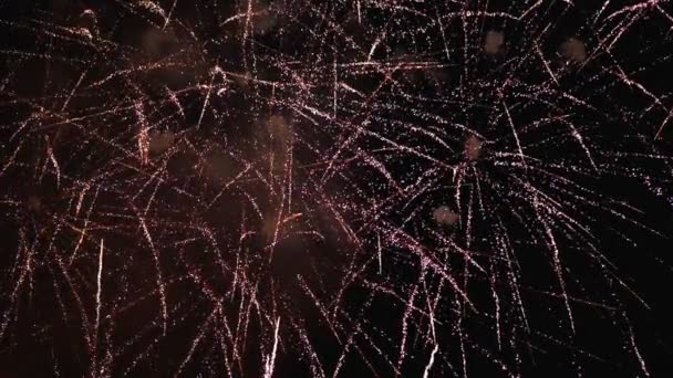 Fogos de artifício piscando no céu noturno. Movimento lento em 180 fps. fogos de artifício reais com fumaça — Vídeo de Stock