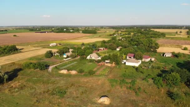 4K Vista aérea do Campo e Pequena Vila com Campos Verdes e Prados — Vídeo de Stock