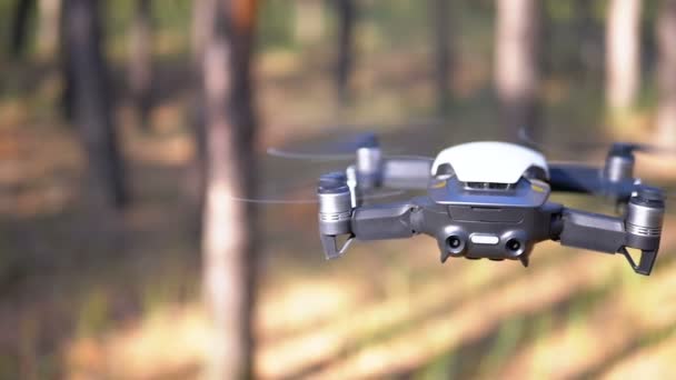 Drone with a Camera Hovers in the Air above the ground in the forest. Slow Motion. — Stock Video
