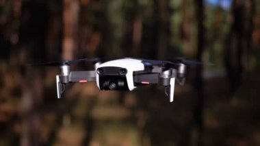 Havada Kameralı Drone. Ormanda yerden uçar. Yavaş Çekim