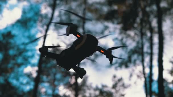 Drone with a Camera Hovers in the Air. Vuela sobre el suelo en el bosque. Moción lenta — Vídeo de stock