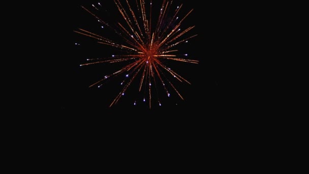 Vuurwerk knippert in de nachtelijke hemel. Slow motion in 180 fps. Echt vuurwerk met rook — Stockvideo