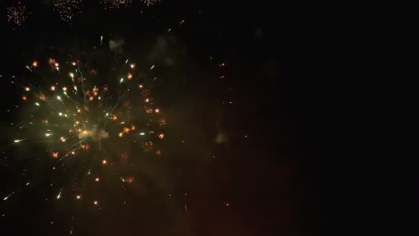 Fuochi d'artificio lampeggianti nel cielo notturno. Rallentatore. Fuochi d'artificio reali con fumo — Video Stock