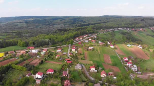 Vue aérienne par drone des champs verts, des collines et des arbres dans un village avec de petites maisons. Pologne . — Video