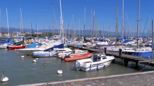 Barcos aparcados, Barcos, Yates en el Puerto en el Lago de Ginebra, Suiza — Vídeos de Stock