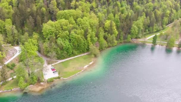 Malerische Luftaufnahme des Bergsees mit türkisfarbenem, sauberem Wasser und grünem Wald — Stockvideo