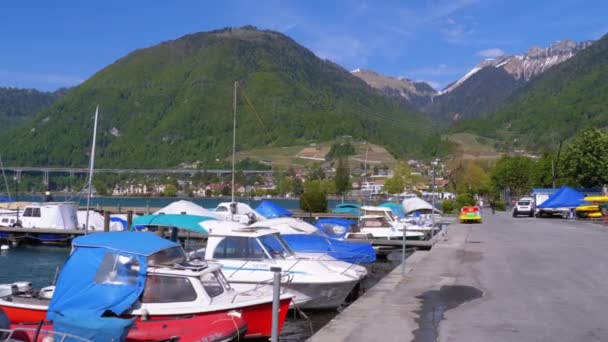 Zaparkowane statki, łodzie, jachty w porcie nad Jeziorem Genewskim, Montreux, Szwajcaria — Wideo stockowe