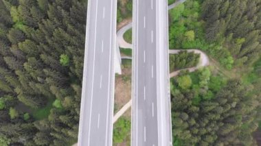 Dağlarda Multilane Trafik ile Karayolu Viyadüğü Havadan Üst görünümü. Avusturya'da Autobahn