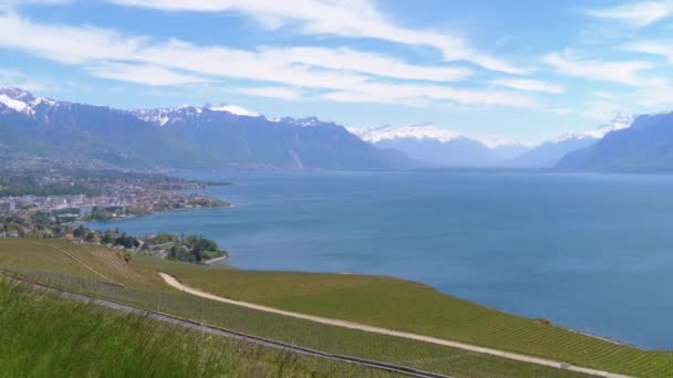 Widok na krajobraz miasta Montreux z szwajcarskimi Alpami i Jeziorem Genewskim, Szwajcaria — Wideo stockowe