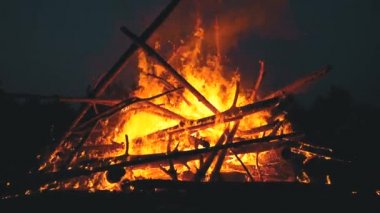 Ormanda Gece Kütükleri Yanıklar Büyük Kamp Ateşi. 180 fps'de Yavaş Çekim