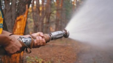 Mens Eller Çam Ormanı'nda Basınç Altında Su Çalışır Hangi Bir Yangın Hortumu tutun