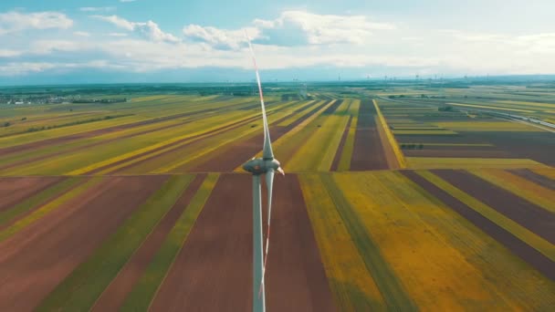 Légi kilátás a szélturbinák Farm és a mezőgazdasági mezők. Ausztria. — Stock videók