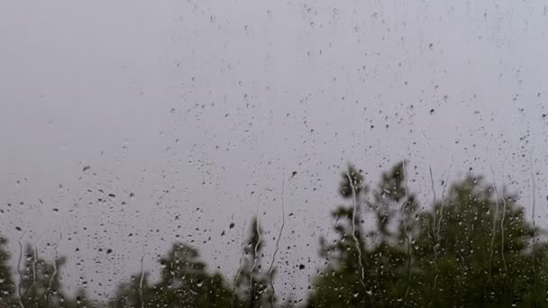 Druppels regen stroomt door het raam glas. Slecht weer, Onweer, storm wolken. — Stockvideo