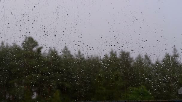 Druppels regen stroomt door het raam glas. Slecht weer, Onweer, storm wolken. — Stockvideo