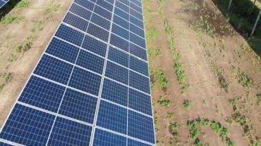 Güneş enerjisi istasyonunun hava görüntüsü. Paneller Green Field 'da bir sırada duruyor. Yaz
