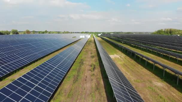 Widok z powietrza na elektrownię słoneczną. Panele stoją w rzędzie na Green Field. Lato — Wideo stockowe