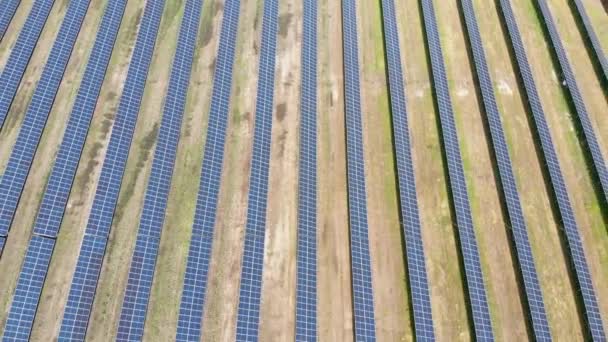 Vista aérea superior na central de energia solar em Green Field no dia ensolarado. Fazenda Solar — Vídeo de Stock