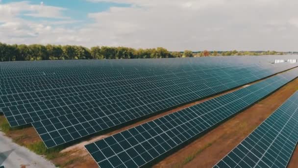 Güneş Çiftliği. Hava görüntüleme güneş enerjisi istasyonu. Yeşil Alan 'da Paneller Sıraya Bekliyor — Stok video