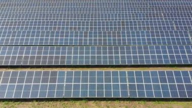 Güneş enerjisi istasyonunun hava görüntüsü. Paneller Green Field 'da bir sırada duruyor. Yaz