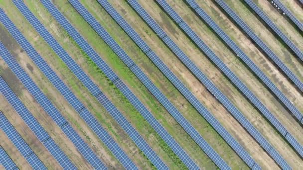 Légi felvétel a Green Field-i naperőműről a Napsütés napján. Napenergia-gazdaság — Stock videók