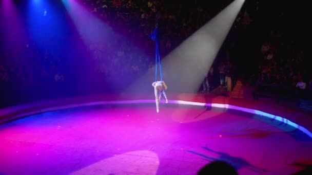 Luchtacrobatiek, meisje treedt op op zijde in een circus podium. — Stockvideo