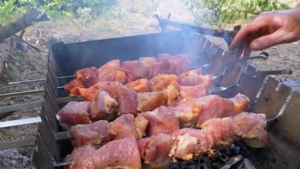 Espetos em espetos estão preparados no Grill. Carne crua cozida em grelha de carvão — Vídeo de Stock