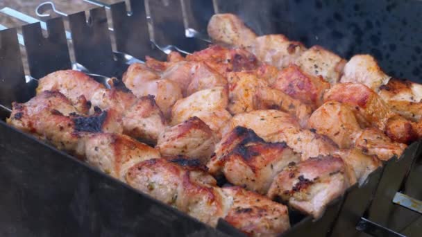 Шашлыки на Шашлыках готовятся на гриле. Сырое мясо, приготовленное на угольном гриле — стоковое видео