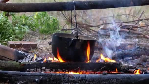 Gotowanie na otwartym ogniu w doniczce turystycznej. Turystyczny kapelusz kręglarza wiszący na ognisku — Wideo stockowe