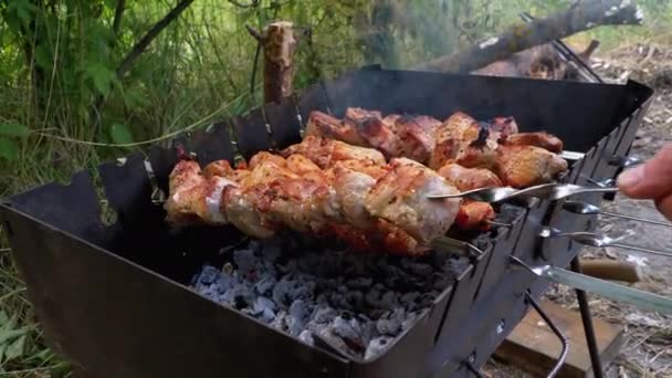 Brochettes sur brochettes sont préparés sur le gril. Viande crue cuite sur le barbecue au charbon de bois — Video