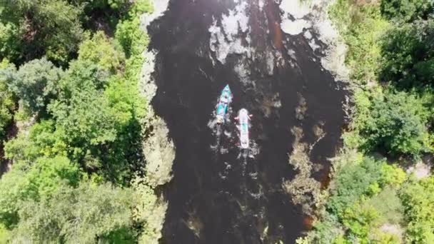 Kajakozás és kenuzás a Riverbed Aerial View mentén. Rafting. Egy hajó nyomában. — Stock videók