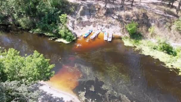 Kayak e canoa lungo il fiume Vista aerea. Rafting. Tracciare una barca — Video Stock