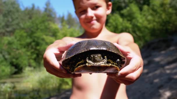Boy innehar sköldpadda i armar och leenden på bakgrund av floden med grön vegetation — Stockvideo