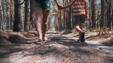 Genç Anne ve Oğlu Elele tutuşuyor Ormanda Bir Yol Üzerinde Yürüyorlar. Yavaş Hareket